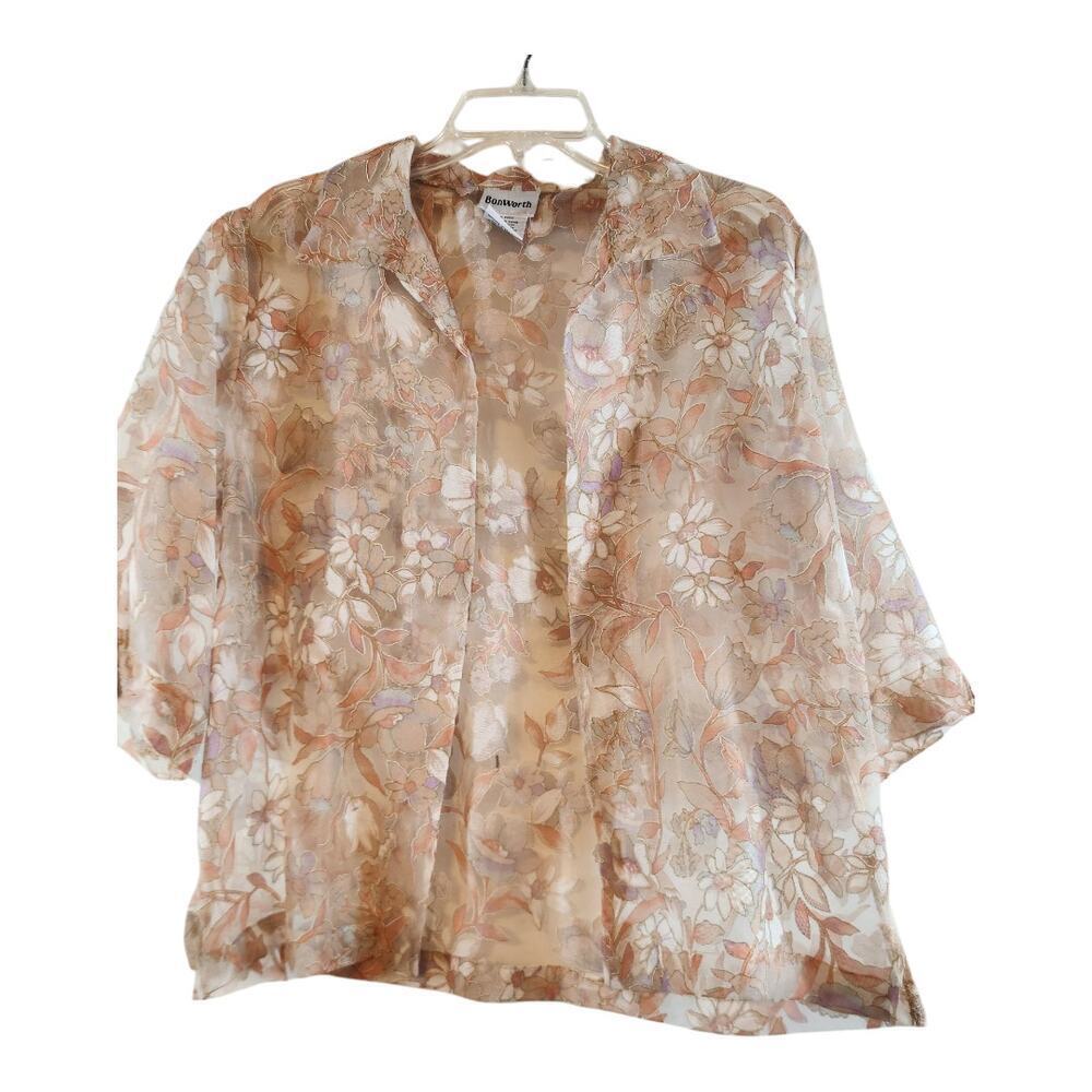 Bonworth vtg sheer cardigan open‎ front tan pink floral sz small Petite